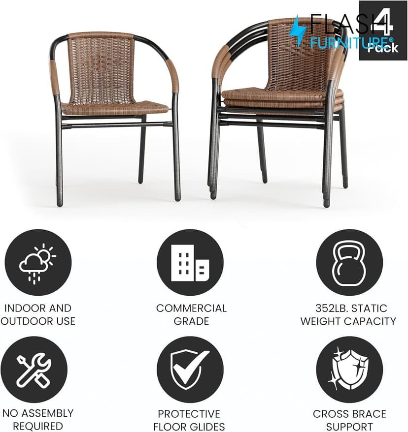 Flash Furniture Lila Modern Rattan Indoor/Outdoor Stackable Dining Chairs, Stacking Rattan Bistro Chairs for Patio or Restaurant, Set of 4, Brown