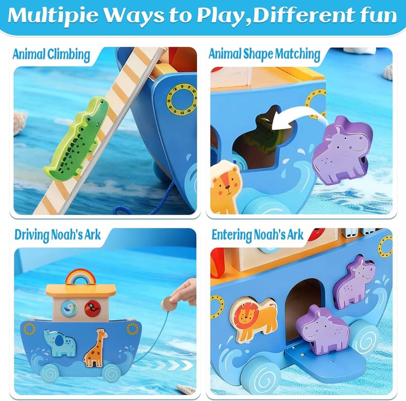 Wooden Noah's Ark Toy with Animal Shape Sorter,Baptism Gifts for 1 2 3 4 Years Old,Montessori Toys for Toddlers,Baptism Gifts for Boys and Girls,24 Months Babies