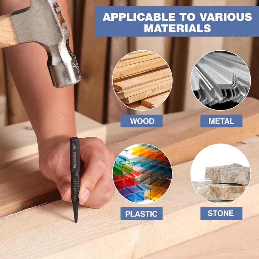 WORKPRO 4-Piece Nail Punch and Center Punch Set, Hardened Cr-V Steel with Knurled Grip,1/32", 1/16", 3/32" Nail Setter & 1/32" Center Punch Tool