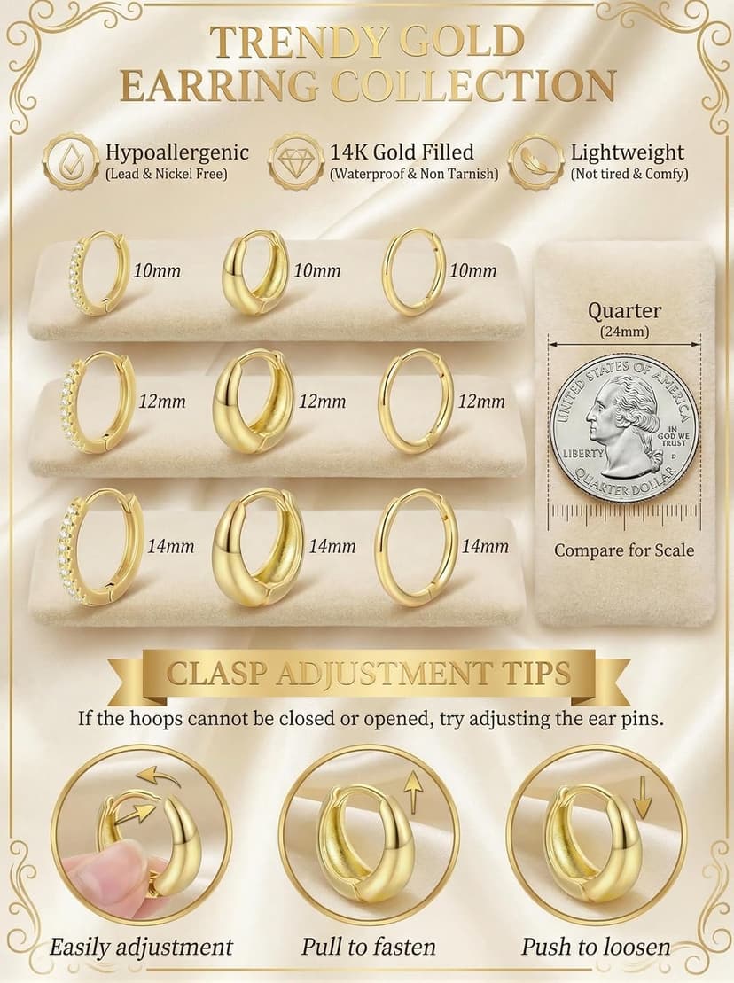 Hypoallergenic Small Hoop Earrings, Lightweight Comfortable Huggies, Non Tarnish, Multiple Piercing Set, Great Gift for Women 9 Pairs Gold Huggie Hoop Earrings for Women, 14K Gold Plated Stackable Set B0GKFRTLQ8