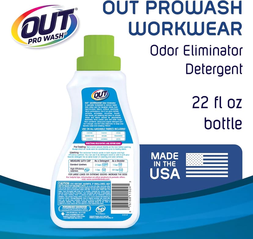 OUT ProWash Workwear Stain Remover Laundry Detergent and Odor Eliminator, Great for Work Clothes, Uniforms, Active Wear, and More, Made in the USA, 22 Ounce Bottle