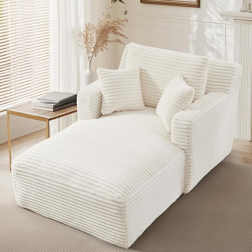 65.4" Chaise Lounge Chair Indoor, Corduroy Oversized Boneless Lounge Chair Single Sofa Bed with 3 Pillows, Deep Seat Comfy Upholstered Reading Chair for Living Room, Bedroom, Apartment Beige