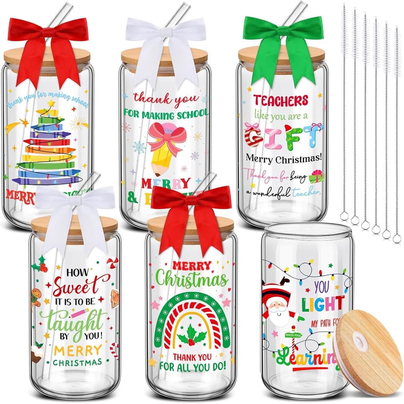 16 oz Glass Coffee Cups with Bows Lids Straws Brushes, Thank You End of Year Gifts for Teacher from Student School Present Reallnaive 6 Pcs Christmas Teacher Appreciation Gifts for Women Teacher Cup B0FNM52YVG