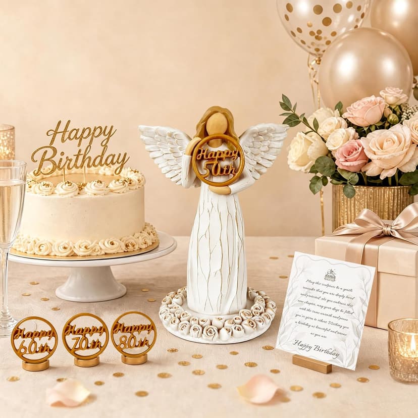 Hand-Painted Resin Angel Figurine with Rose Base, Milestone Birthday Gift for Mom Grandma Wife Sister 50th Birthday Gifts for Women - Replaceable 60th, 70th, 80th Age Plates B0H8CG1828
