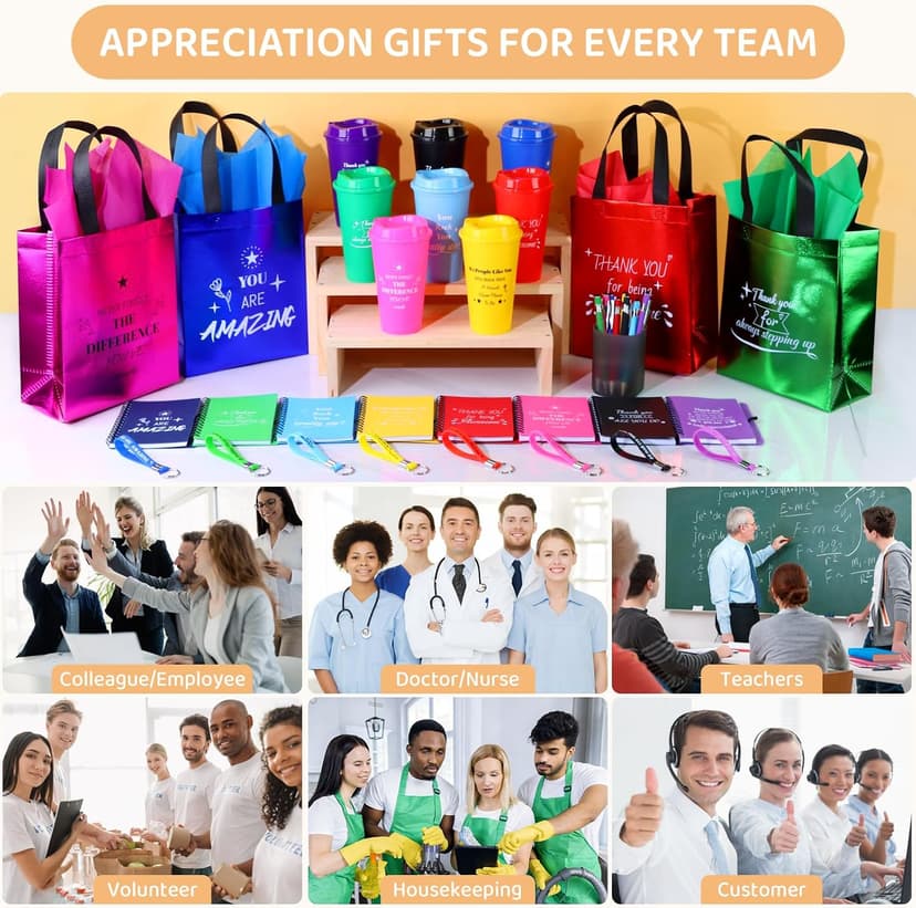 48 Pcs/8 Sets Employee Appreciation Gifts Bulk - Includes Thank You Gift Bags with Tissue Paper Notebooks Pens Cups Keychains - Thank You Gifts for Coworkers Teachers Staff Team Volunteers (Colorful) B0G5DCYSHJ
