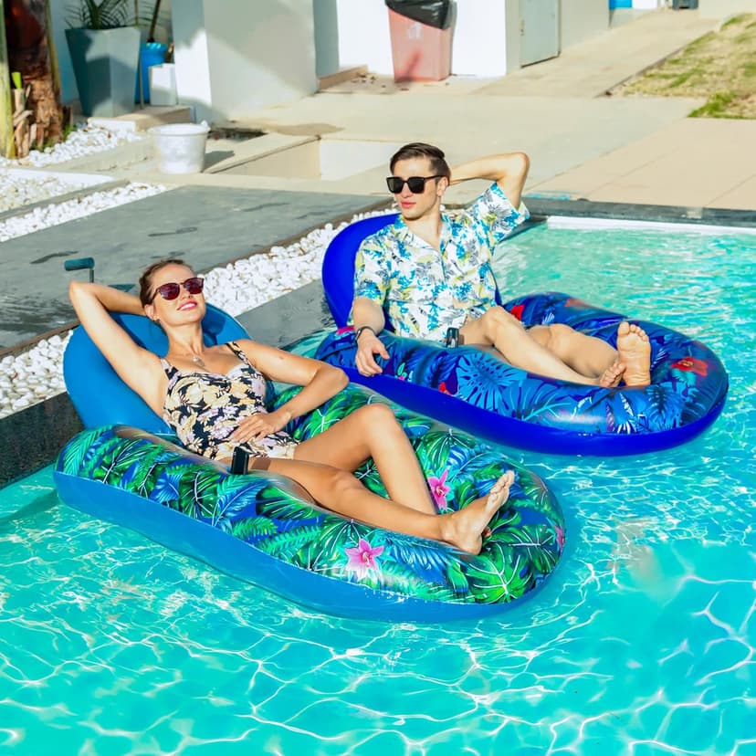 FindUWill Pool Floats Chairs Adult - 2 Pack 65'' x 42'' Large Pool Float Chairs, Inflatable Pool Lounger with Cup Phone Holder, Backrest, Footrest, Tanning Pool Lounge