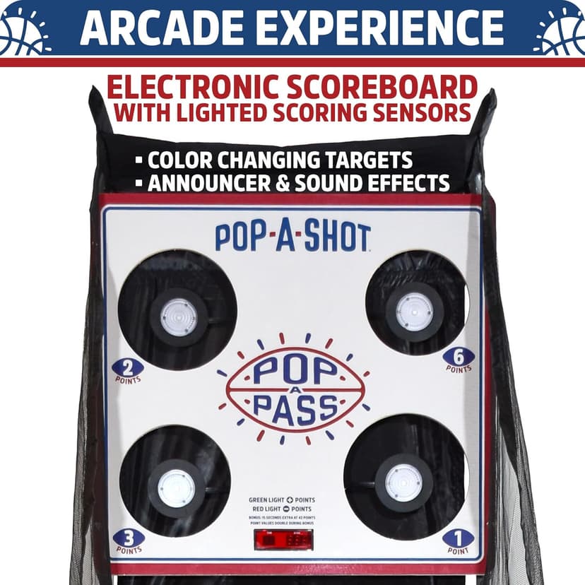 Pop-A-Shot Official Pop-A-Pass Electronic Arcade Style Football Toss Game | 4 Inflatable Mini Footballs | Foldable, Portable, Tote Bag Included