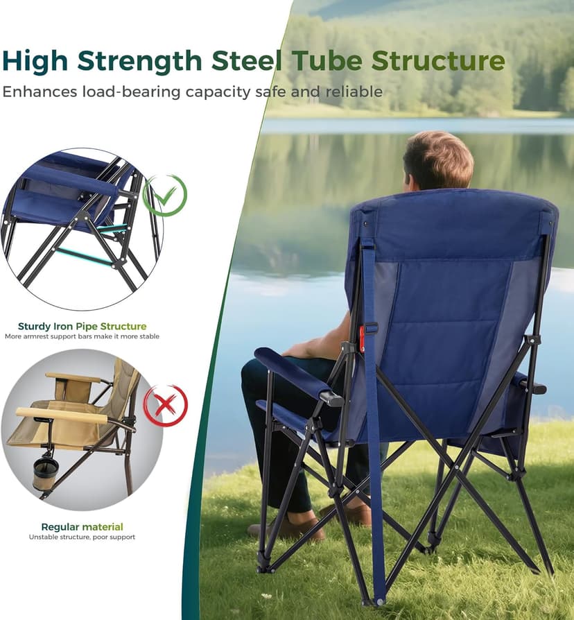 ALPHA CAMP Oversized Folding Camping Chairs High Backrest Heavy Duty Lawn Chairs for Adults Support 500 LBS Portable Camp Chairs with Cup Holders Large Side Pocket for Outdoor