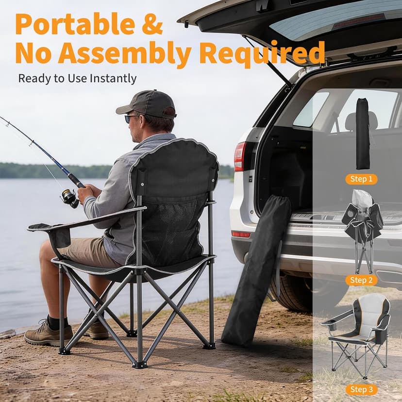 NEWBULIG Oversized Folding Camping Chair for Adults, Portable Outdoor Collapsible Chairs, 500 LBS Heavy Duty Support, with Cup Holders, for Lawn, Fishing, Hiking, Black