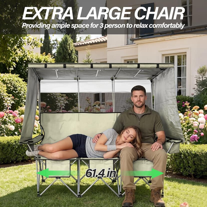 BDL 3 Person Camping Chair with Canopy Shade, Oversized Heavy Duty Camping Chair with Cup Holders & Ice Bag Portable Family Folding Chair for Outdoor, Lawn & Sports,White