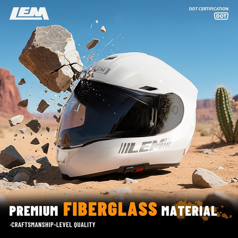 LEM Motorcycle Helmets Full Face, Helmets for Men DOT Certified, PINLOCK & DVS Dual Vision, Motorcycle Street Bike Helmet for Adults Fiberglass Shell Bluetooth Ready for Cruiser(White, Size M)