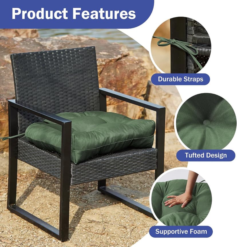 IPYNBAP Outdoor Chair Cushions Set of 2, Patio Chair Cushions with Ties, 19x19+5” Tufted Outdoor Seat Cushions, Waterproof Patio Furniture Cushions, Outdoor Dining Chair Pads, Forest Green