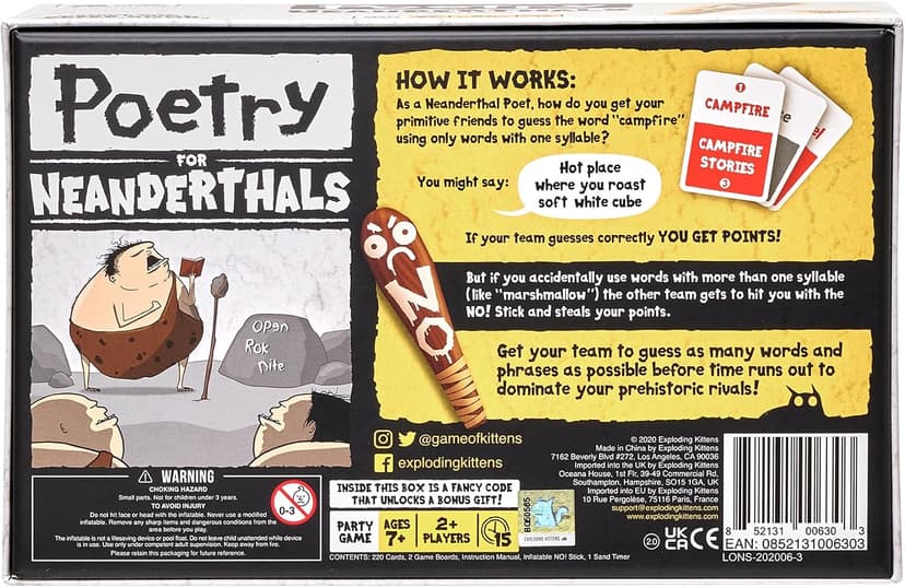 Be a Neanderthal poet! Give one-syllable words and phrases so friends guess the word in this quick-to-learn viral party game. Exploding Kittens Poetry for Neanderthals, 2+ Players, Ages 7+ Word Game B089DTQDLR