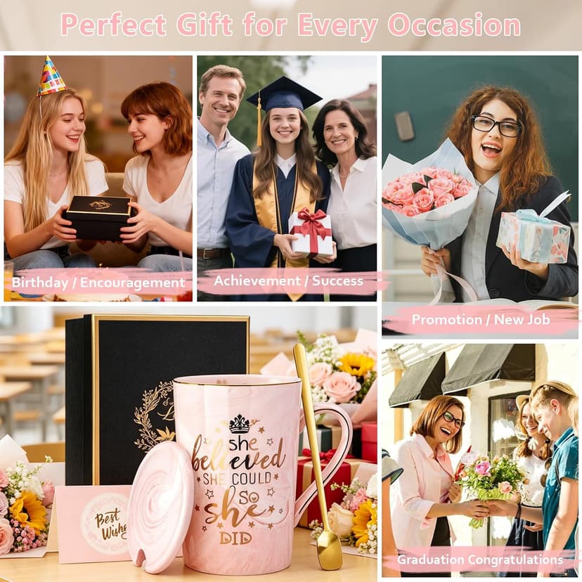 Valentines Spiritual Motivational Congratulations Gifts, 14oz Pink Ceramic Marble Gold Print Coffee Cup, Nicely Gift Boxed Graduation Gifts for Women Her 2026 - She Believed She Could So She Did Mug B0CZ993XBN
