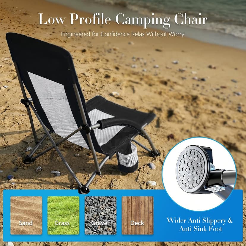 DUMOS Low Camping Beach Chair, Lightweight Folding Portable Beach Chair with Cup Holder, Storage Pocket, Breeze Mesh Back, Padded Armrests, Low Profile Chair for Camp, Picnic, Lawn, Sand, Black