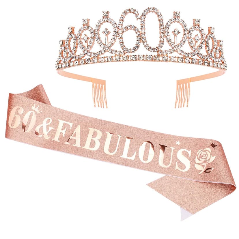 Casoty 60th Birthday Sash and Tiara for Women, 60th Birthday Decorations Women, Rose Gold 60th Crown and "60 & Fabulous" Sash Set, 60 Birthday Decorations for Women, 60th Birthday Gifts for Women