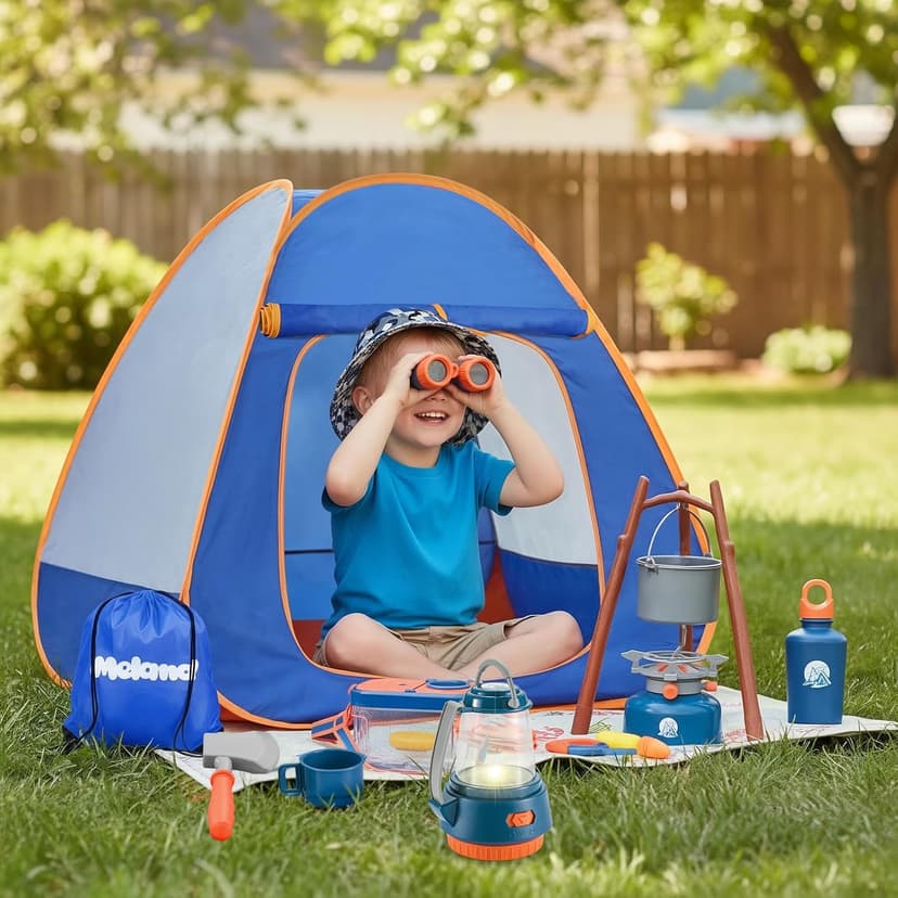 Pop-up tent, campfire, lantern, binoculars and camping gear for realistic pretend adventures indoors or outdoors Meland Camping Play Set for Child 3-6, Pretend Adventure Toy Gift B094XXBT8Z