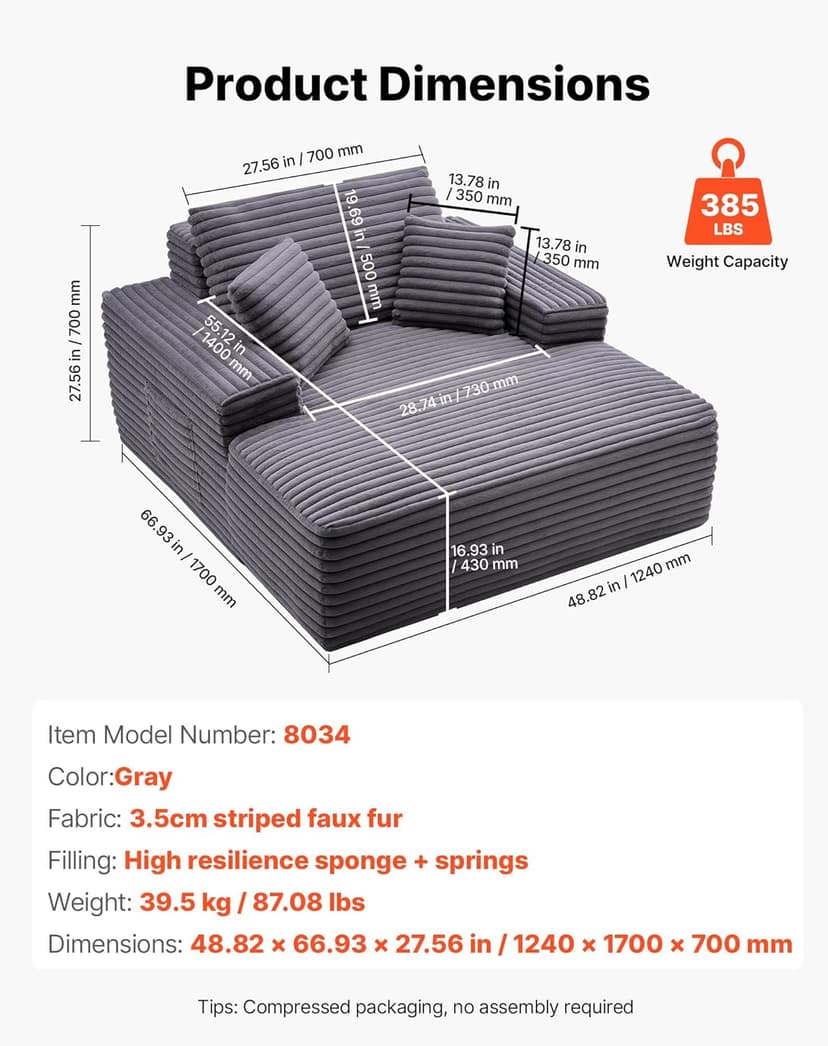 VEVOR Chaise Lounge Chair, 48 in Boneless Chaise Lounge Indoor, Modern Upholstered Oversized Reading Chair with Throw Pillows & Armrests, Sofa Couch Deep Seat Sleeper for Living Room, Bedroom, Balcony