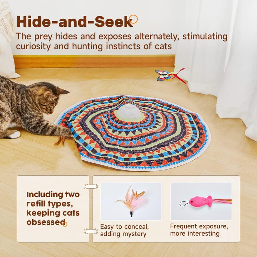Potaroma Cat Toys Chargeable, 3in1 Hide and Seek, Automatic Interactive Fun, Fluttering Butterfly, Moving Feather, Kitten Wand, Indoor Kitty Exercise Kicker 22.8 Inch Cover for All Breeds