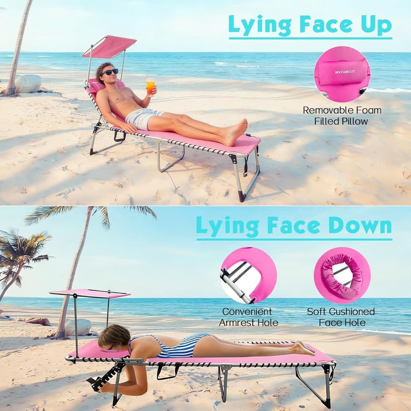 Outdoor Tanning Chair with Sun Canopy Shade & Face Hole, Folding Lounge Chair with Beach Table and Carry Bag for Poolside Sunbathing Lawn