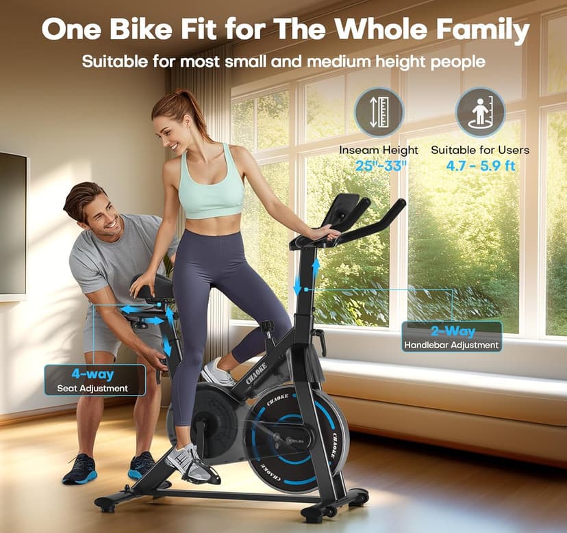 CHAOKE Exercise Bike, Quiet Adjustable Magnetic Stationary Bike for Home Cardio with App Compatible, 350LB Weight Capacity Indoor Cycling Bike with Large Seat, Dumbbell Rack, Pull Cords & LCD Display