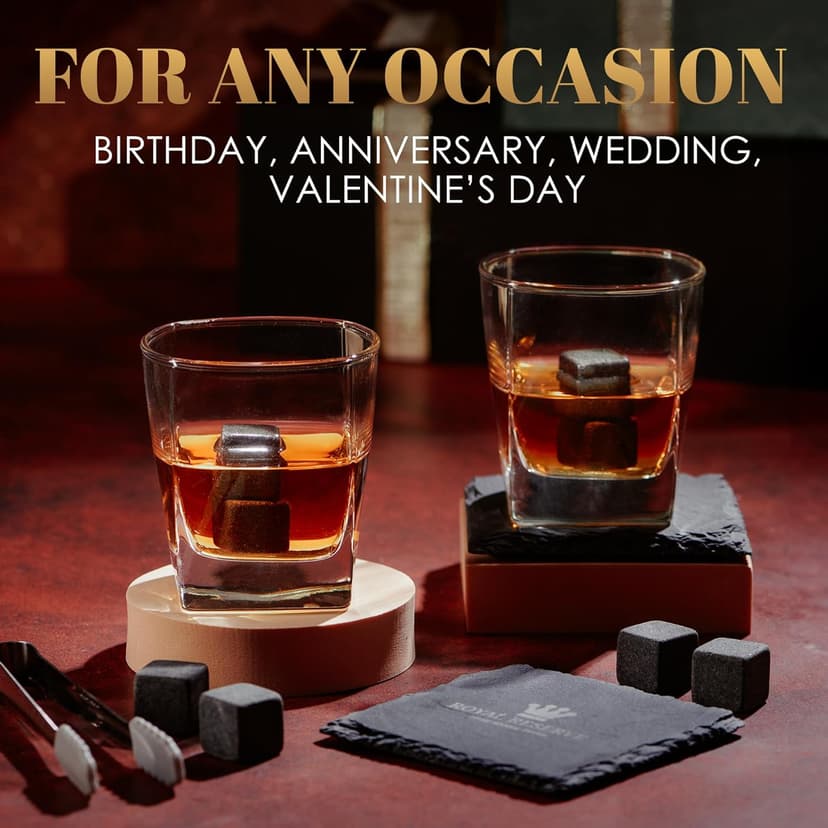 Whiskey Stones Gift Set by Royal Reserve, Artisan Crafted Scotch Bourbon Glasses, Chilling Rocks, Coasters and Tongs – Whiskey Gifts for Men Dad Boyfriend Anniversary or Retirement