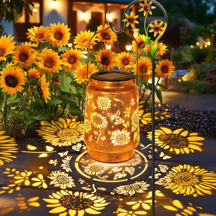 Sunflower Solar Lanterns Outdoor Waterproof, Christmas Gifts for Women Mom Grandma, Metal Hanging Lantern Solar Lights LED Decoration with Shepherd Hook Outside for Yard, Patio, Porch, Garden Decor