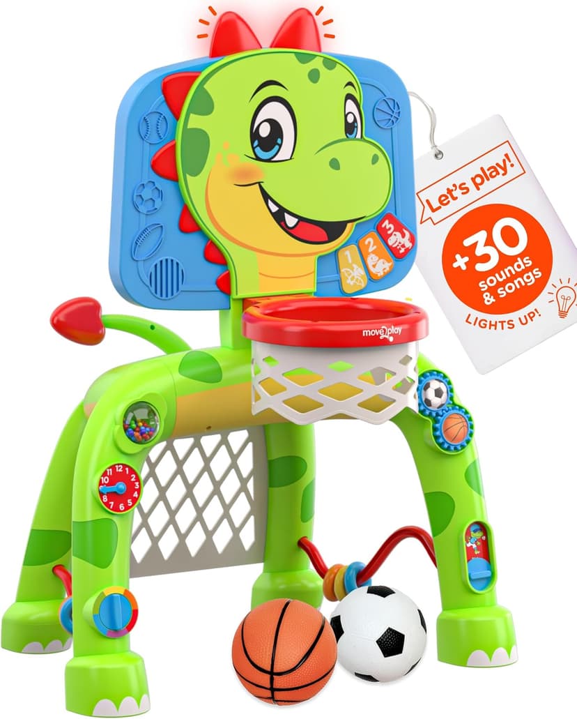 Move2Play, Dinosaur Basketball Hoop & Soccer Goal Activity Center | 30+ Sounds & Songs + 5 Lights | 1 2 3 Year Old for Boys and Girls | Toy & Gift for Baby & Toddlers B0FJSJHNHY