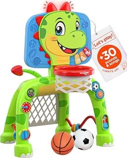 Move2Play, Dinosaur Basketball Hoop & Soccer Goal Activity Center | 30+ Sounds & Songs + 5 Lights | 1 2 3 Year Old for Boys and Girls | Toy & Gift for Baby & Toddlers B0FJSJHNHY