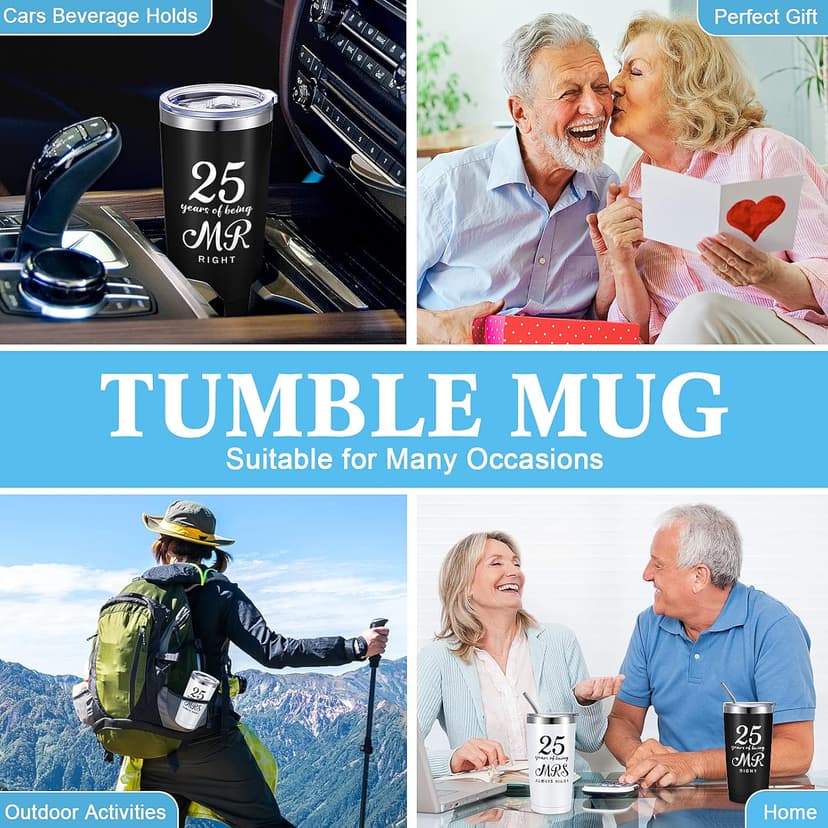 25th Anniversary Cups for Couples Travel Tumbler Wedding Engagement Coffee Mug for Husband Wife Newlywed Bride Groom Cunhill 2 Pcs 25th Wedding Anniversary Tumblers Mr and Mrs Cups Set 20 oz B0B718Y7F6