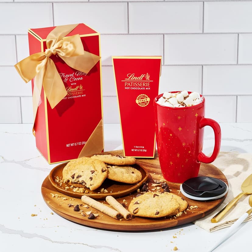 Travel Mug and Hot Cocoa Set, Includes Lindt Gourmet Hot Chocolate Mix and Ceramic Travel Tumbler with Lid in a Giftable Box, Great for Christmas