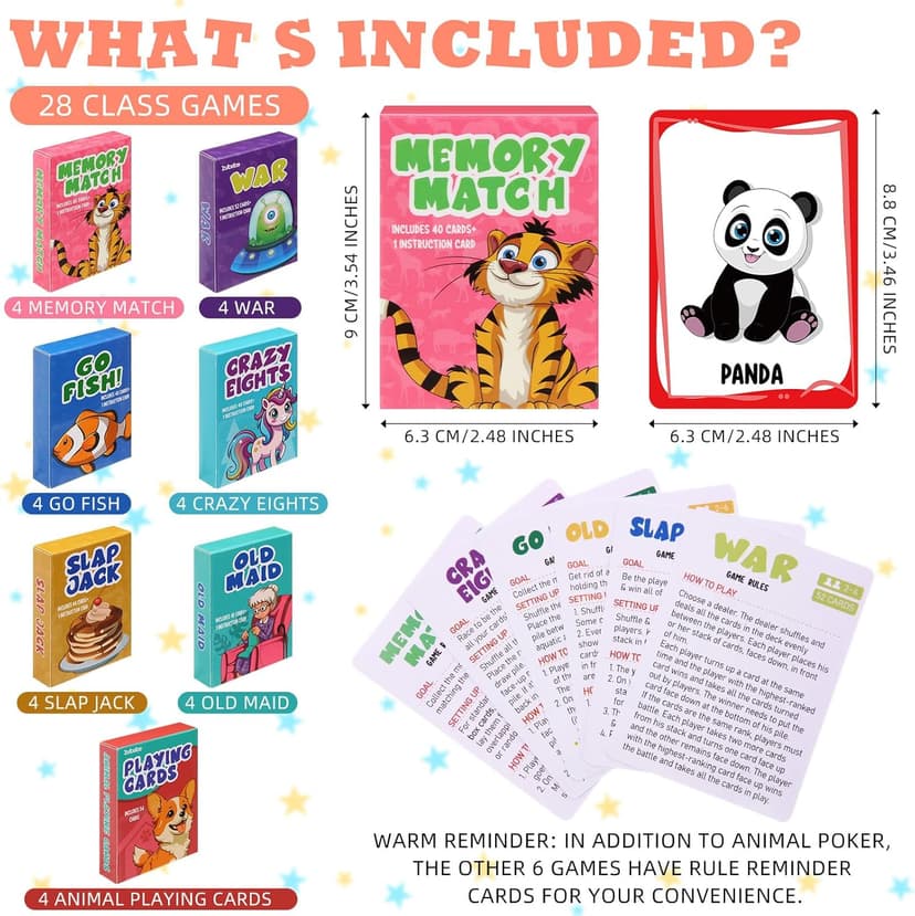 Zubebe 28 Pack Kids Card Games Gifts Bulk Classic Playing Card Game Set for Kids Includes Go Fish, Old Maid, Crazy Eights, Memory Match, Slap Jack, Playing Toy for Party Favors (Classic)