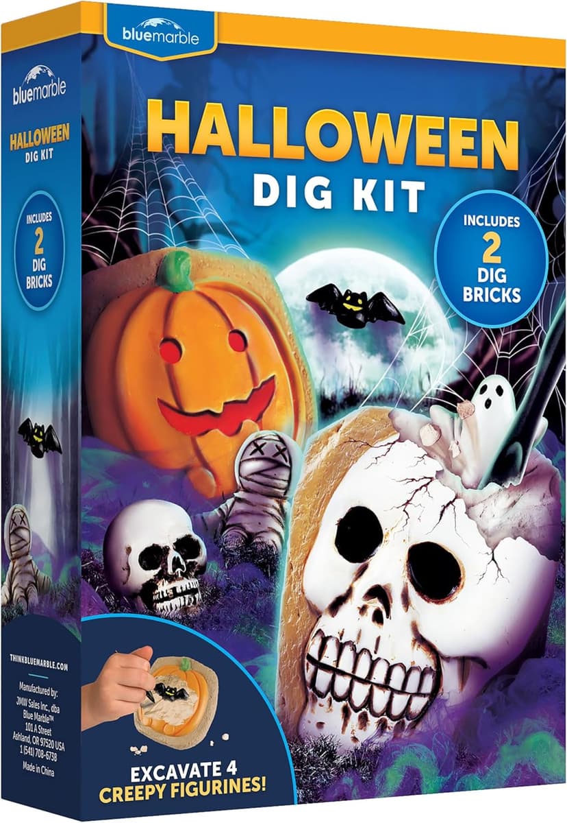 Blue Marble Halloween Dig Kit – Excavation Set with Skull & Pumpkin Dig Bricks, Includes Ghost, Mummy, Bat & Skull Figures, for Kids, Boo Basket Stuffers, Hands-On Activity