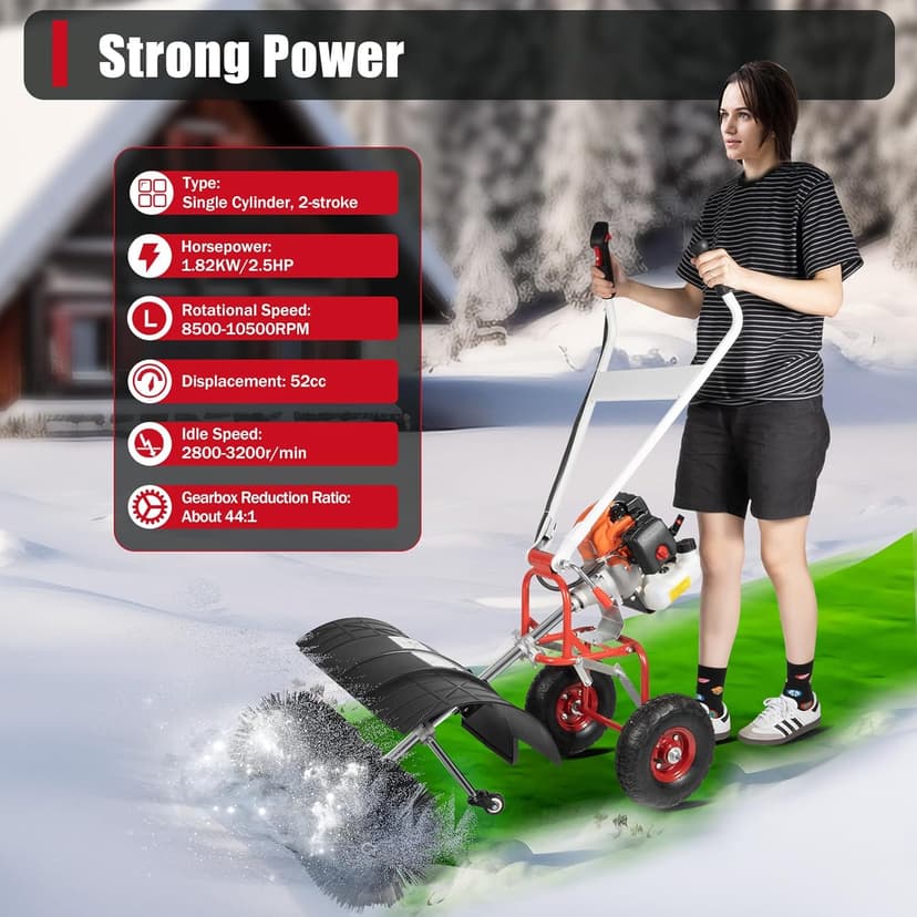 52CC Gas Handheld Sweeper,2-Stroke Gas Power Sweeping Broom Single Cylinder Driveway Turf Artificial Grass Snow Clean Sweeper Cleaner Tools Suitable for Walkway Cleaning Boulevards and Driveway