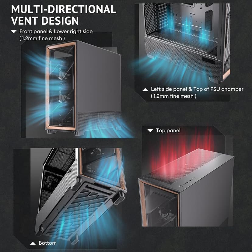 Antec Flux Pro, 6 x PWM Fans Included, High-Airflow Front Panel with Walnut Wood, iShift PSU 90° Mount, USB3.0 x 2, Type-C, 420mm Radiator Support, Temp. Display, Full-Tower E-ATX PC Case