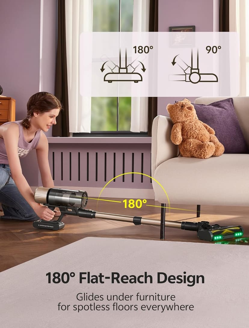 Ultenic Cordless Vacuum Cleaner, 550W 50KPA 65min Runtime, Stick Vacuum with Green Light, Self-Standing & 180° Lay-Flat, Anti-Tangled Brush, Vacuum Cleaners for Home/Hard Floor/Carpet/Pet Hair, U15