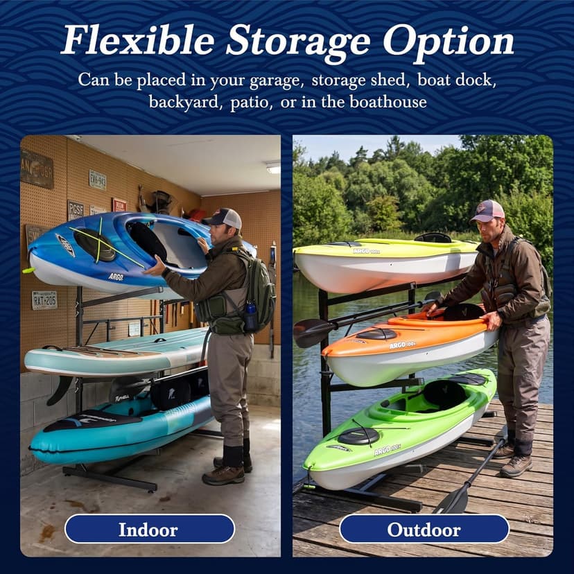 Faesun 3-Tier Kayak Storage Rack, Freestanding Kayak Rack with Paddle Hook, Adjustable Heavy Duty Kayak Stand with Ground Pegs, Storage Rack for Kayak, Canoe, Surfboard & Paddleboard