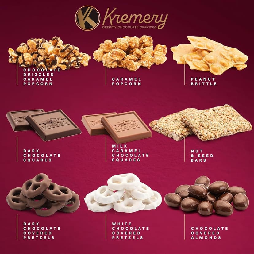 KREMERY Creamy Chocolate Cravings - Holiday Christmas Chocolate Covered Pretzels & Caramel Popcorn Gift Basket, in Seagrass Tray + Ribbon (Deluxe, 3.5 lbs) Xmas Treats Food Arrangement, Kosher
