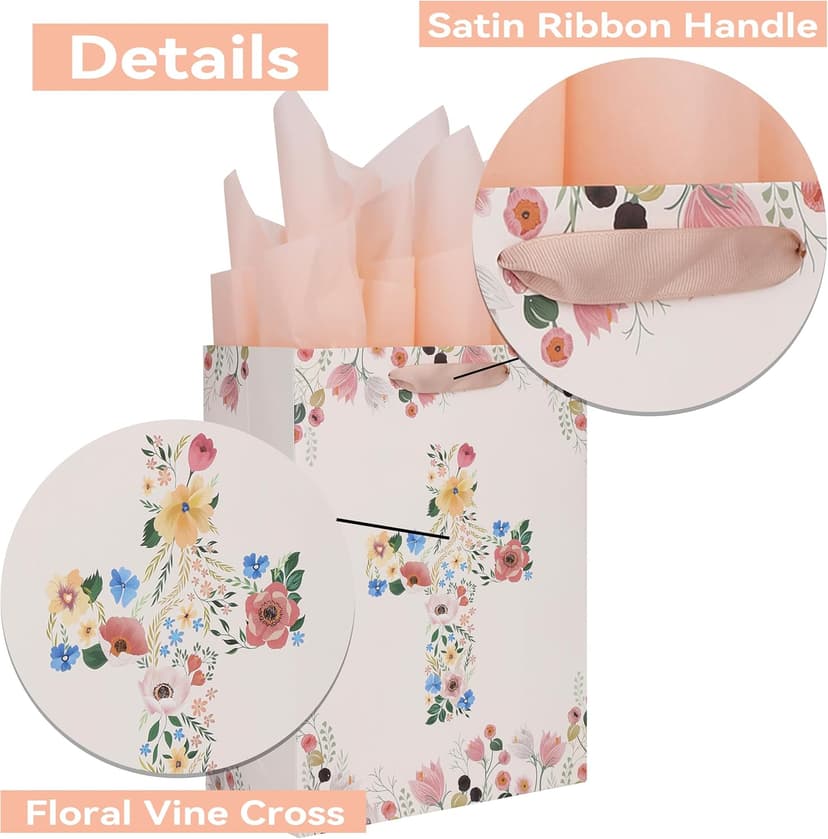 Qirrmiy 13" Large Light Yellow Floral Gift Bag Set with Greeting Card and Tissue Papers for First Communions, Baby Girl Baptisms, Christenings, Religious Occasions - 10.2'x5.2'x13', 1 Pcs.