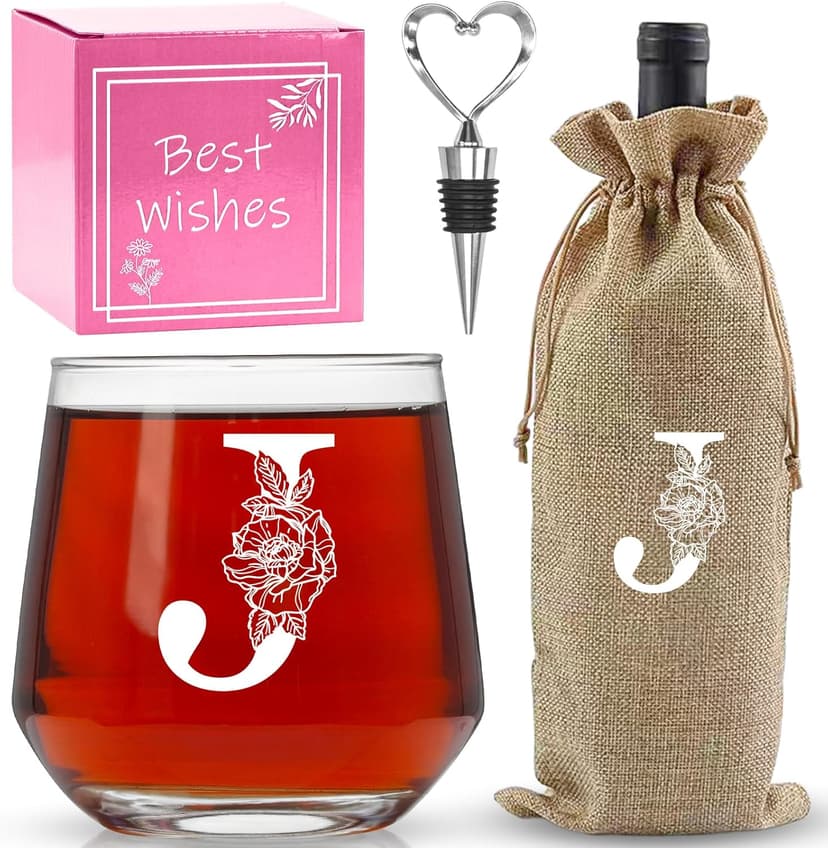 Personalized Gifts for Women,Monogrammed A-Z Wine Glasses Gifts for Women,Wine Glass for Gift Box,Birthday Gifts for Mom Sister Grandma-J