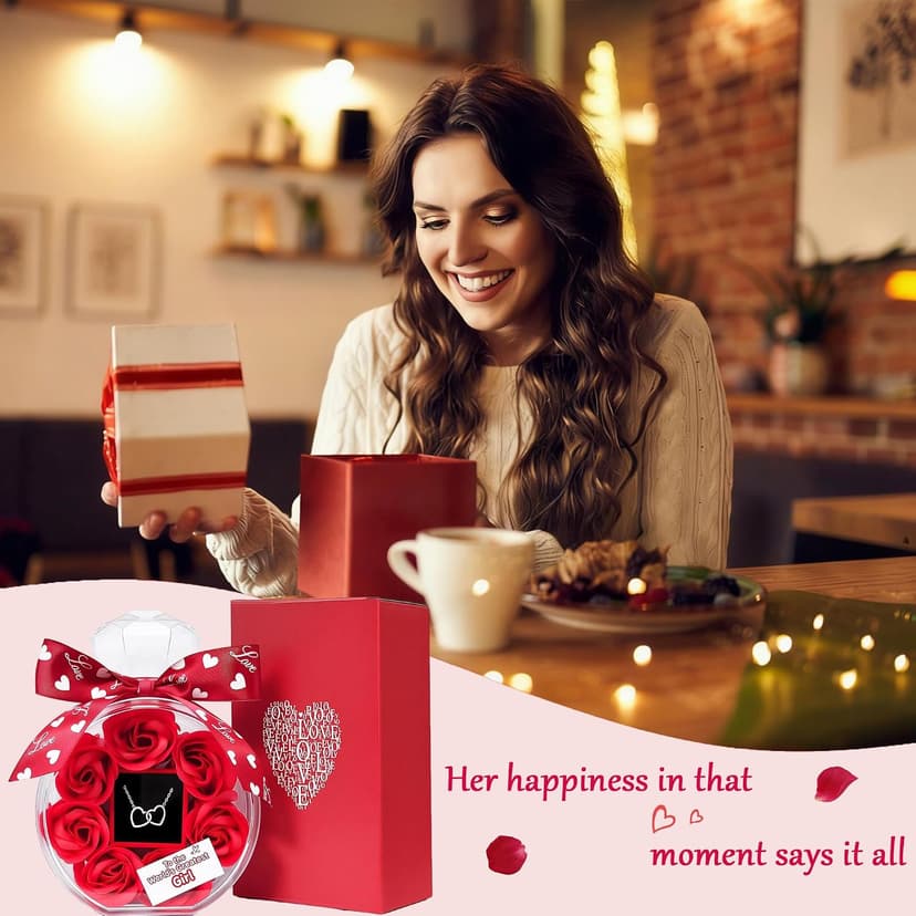 Anniversary Cute Women Artificial Soap Rose Flowers with Double Heart Necklace Present Gifts for Girlfriend Valentines Day Birthday Gift B0GW7XRWSC