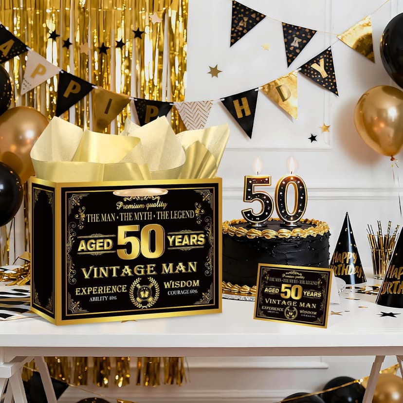 Vintage 50th Birthday Gift Bag for Men with 50th Wrapping Paper and Card Black Gold 1976 Birthday Gift Wrap Treat Bags for Vintage Men Aged 50 Years Old Bday Anniversary Party Supplies Decorations