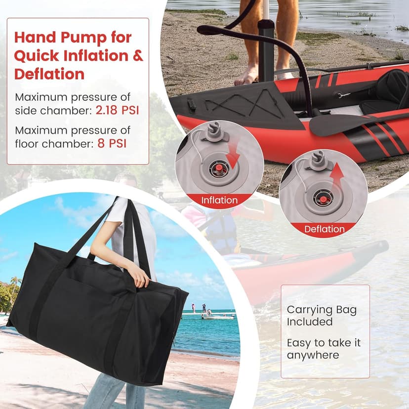 GYMAX Inflatable Kayak, 12.5Ft 507lbs Tandem Kayak with 2 Aluminum Paddles, 2 Padded Seats, Footrests, 2 Fins, Hand Pump, Carry Bag & Repair Kit, 2 Person Fishing Touring Kayak for Adults