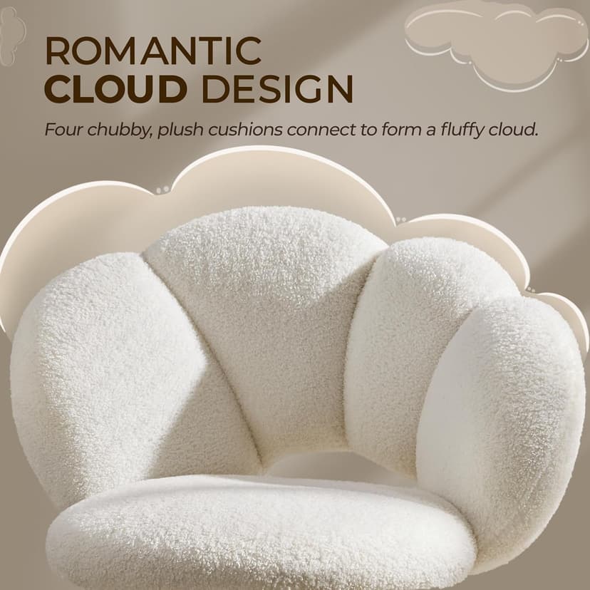 Yaheetech Boucle Upholstered Desk Chair Cloud-Shaped Vanity Chair Adjustable Home Office Computer with Rolling Wheels for Living Room, Bedroom White