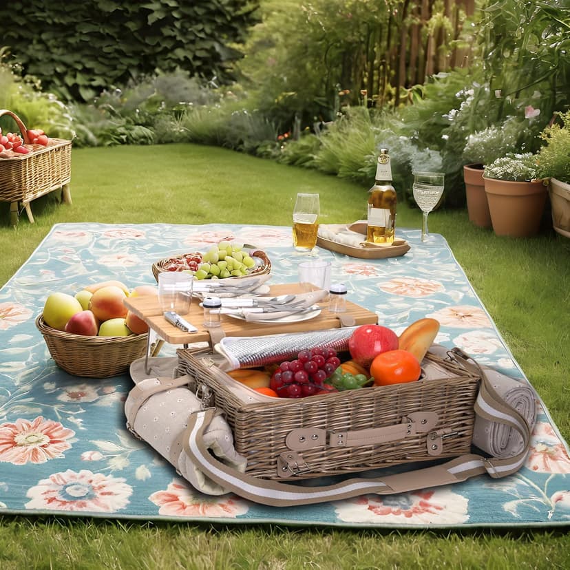 Multifunctional Wicker Picnic Basket Set for 2 with Blanket and Picnic Table, Insulated Picnic Set with Full Tablewares for Camping Outdoor Couples, Flowers B0D4Q11DMV