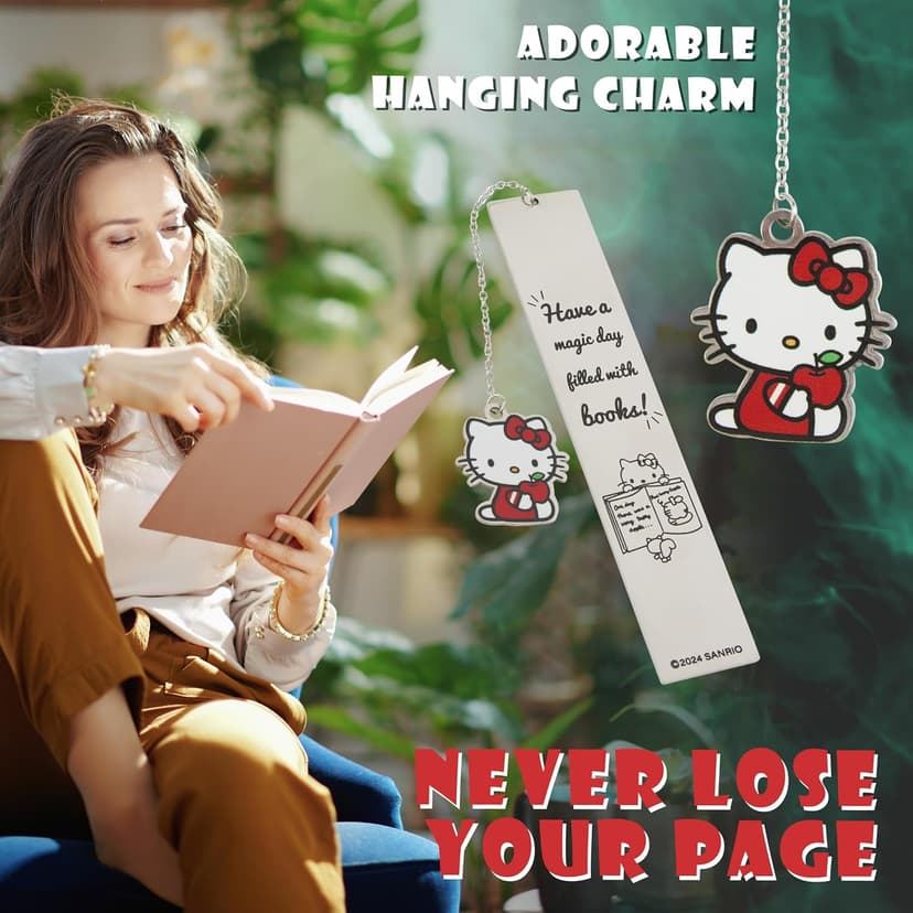 Hello Kitty Metal Bookmark with Hanging Charm Page Marker for Girls Teens Readers Book Accessories for Office Supplies and Book Lovers Gifts for Women