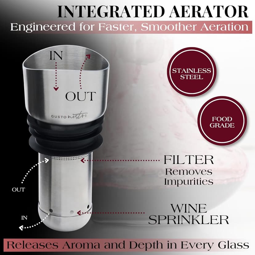 Gusto Nostro Crystal Wine Decanter with Aerator Pourer - Premium Hand-blown Lead-free Glass Wine Decanter Set for Red Wines - Carafe with Lid Filter for Smooth Pouring - Stainless Steel Spout Included