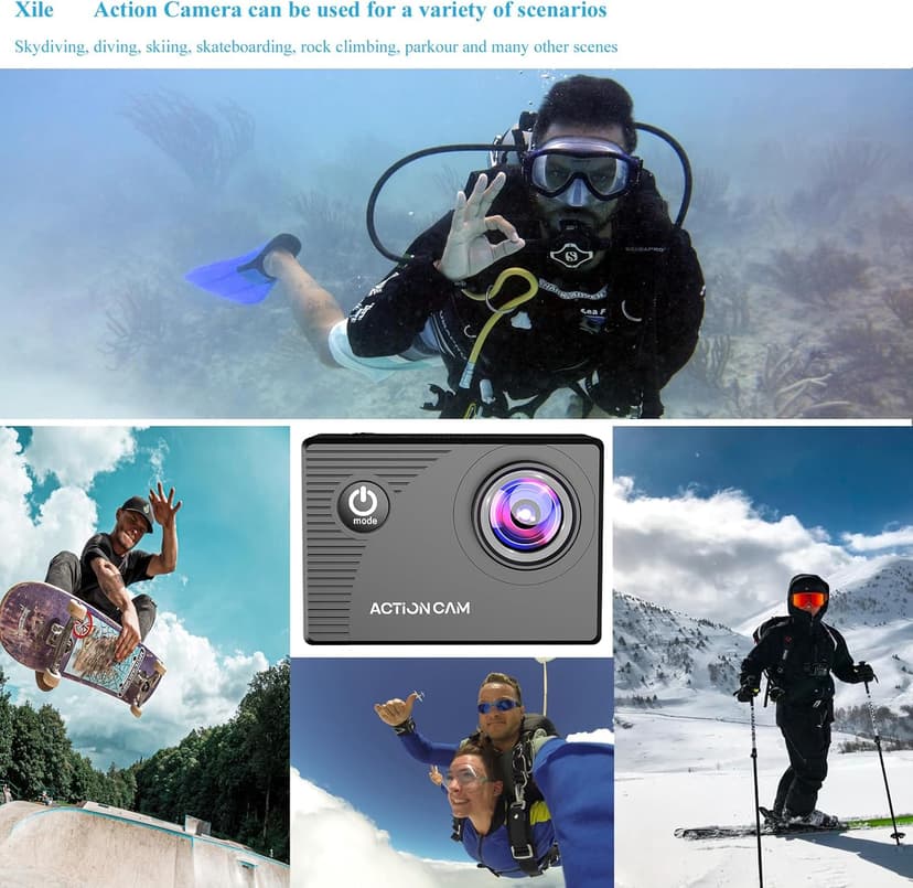 Xilecam Action Camera 1080P 30fps Sports Camera 40m/131ft Underwater Waterproof with 2 Batteries and Multi-Function Accessory