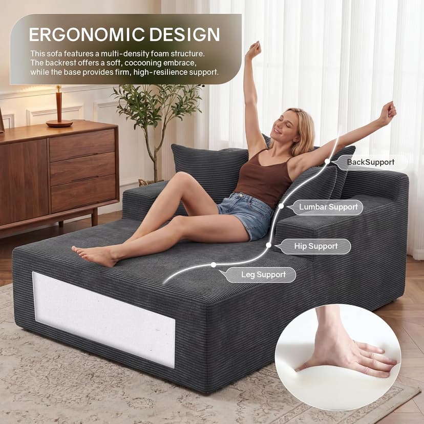66" Chaise Lounge Chair Indoor, Oversized Boneless Lounge Chair with 3 Pillows, Corduroy Cloud Reading Chair for Living Room Bedroom, Deep Seat Sleeper Couch, No Assembly Required