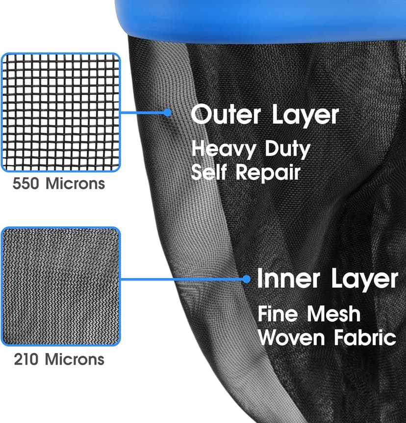 Upgraded Full Double Layer Pool Net Rake,17.5'' - Outer Heavy Duty Self-Repair Net & Inner Fine Mesh Net for Particle Debris, Above Ground & In-ground Swimming Pools, No Poles
